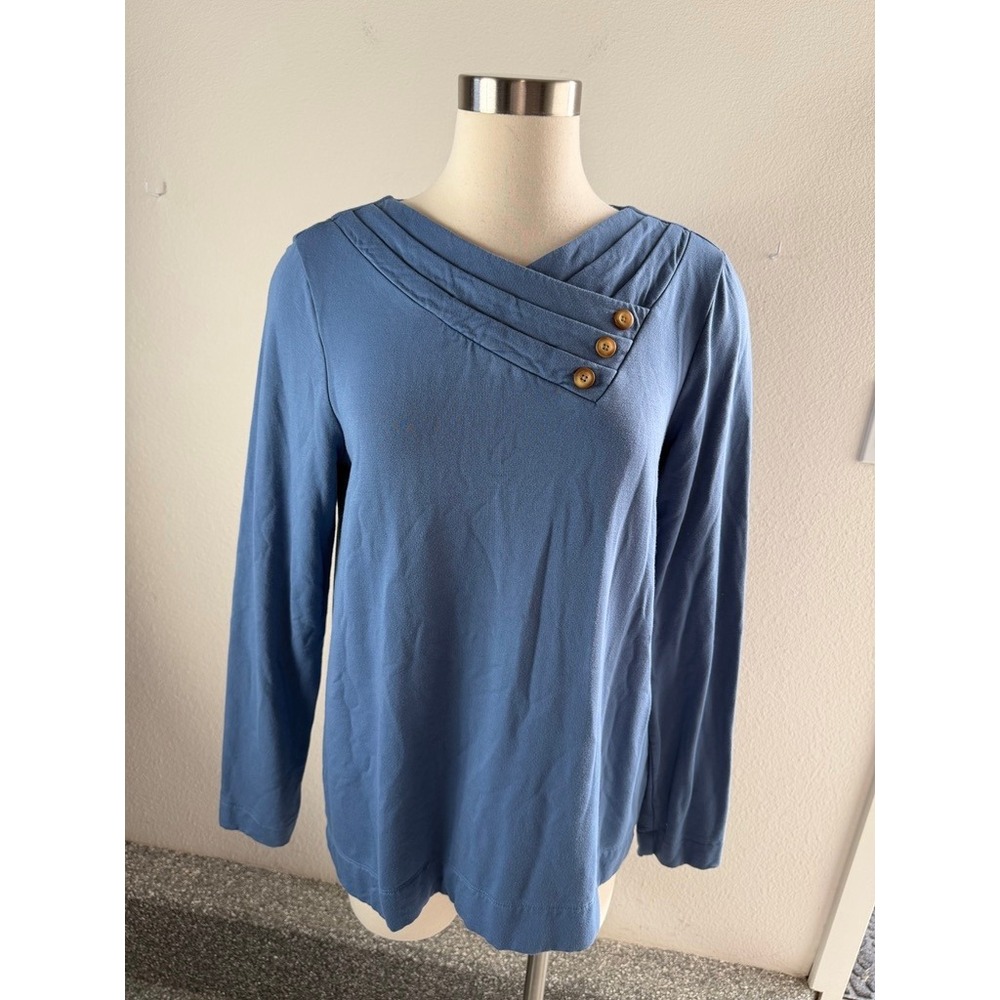 Pure J Jill Women Small Tall Blue Asymmetrical Pleated Button Neck Top